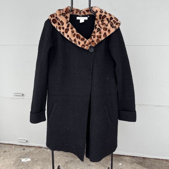 Ellen Tracy Black Wool-Blend Sweater Duster w/ Removable Leopard Collar, L - Picture 1 of 10